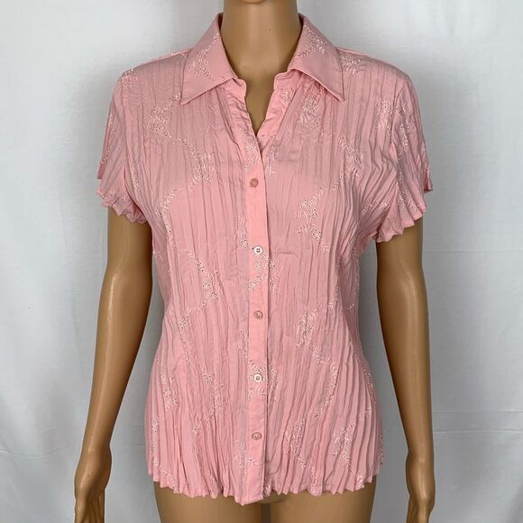 Fred David Button Up Blouse Embroidered Pleated PL Eyelet Pink Collared Petite - Picture 1 of 6